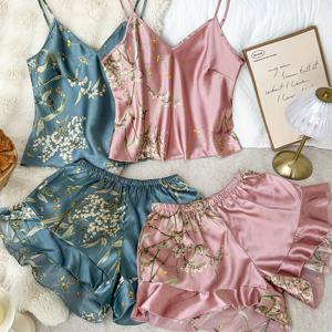 TEMU 4pcs 여성용 섹시 프린트 V넥 캐미 파자마 세트 - 편안한 폴리에스테르 잠옷, 러플 디테일, 반바지 및 블라우스, 올 시즌 착용, 휴식용 피트, 캐주얼 또는 친밀한 순간에 적합, 캐주얼 루즈웨어 | 세련된 잠옷 | 폴리에스테르 소재
