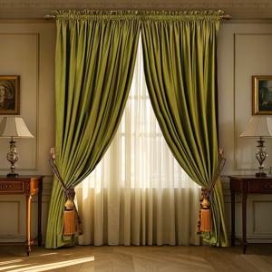 TEMU 다양한 창문에 적합한 빈티지 올리브 그린 벨벳 커튼 2팩, 신형 미국식 럭셔리 우아한 장식용 로드 포켓 드레이프