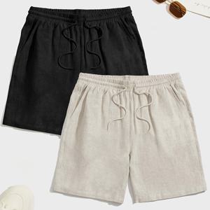 TEMU 남성용 캐주얼 끈바지 쇼츠 2팩 - 루즈핏, 가벼운 원단, 신축성 있는 허리밴드, 포켓, 카키 & 블루, 여름이나 해변 또는 배구에 완벽한 스포츠 쇼츠 | 스타일 | 내구성 있는 질감|남자반바지|남성반바지