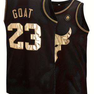 TEMU 남성용 자수 농구 저지 - #23 GOAT 디자인, 블랙 & 골든 메쉬 통기성 스포츠 탱크탑, 민소매 라운드 넥 운동복 셔츠 훈련 및 경기용