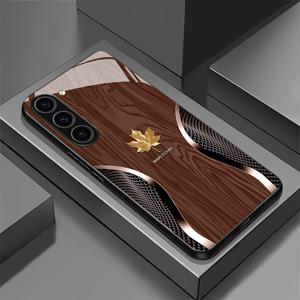 TEMU 브라운 텍스처 골든 메이플 리프 더블 웨이브 패턴 유리 폰 케이스, 삼성 갤럭시 S25/S25 플러스/S25 울트라/S24/S24 FE/S24 플러스/S24 울트라/S23+/S23 울트라/S22+/S22 울트라/S20+/S20 FE/S20 울트라/A13/A14/A16/A32/A33/A34/A53/A54/A72/A73