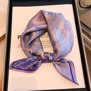 TEMU 여성을 위한 우아한 라벤더 실크 스카프 1개 - 봄 & 가을용 꽃무늬 프린트 스퀘어 스카프, 부드럽고 가벼움, 스타일리시한 목장식 또는 장식용 액세서리, 스타일리시한 목장식 | 꽃무늬 프린트 스카프 | 가벼운 원단, 스카프