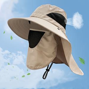 TEMU 통합된 목플랩이 있는 선호하는 낚시 모자, 통기성과 방풍 기능이 있는 넓은 브림 버킷 모자, 하이킹 및 야외 활동용, 폴리에스터 100.00%, 짠, 아름다운 스타일, 아버지의 날 선물 아이디어, 선호하는 낚시 모자 | 통합된 목플랩 모자 | 내구성 있는 헤드기어, 낚시 모자