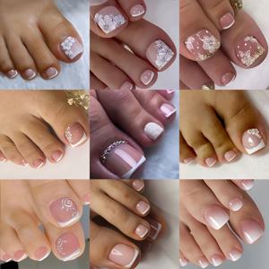 TEMU 216피스 프렌치 스타일 숏 스퀘어 발톱 & 손톱 세트 - 3D 글리터 & 플라워 프레스온 네일 키트, 풀 커버리지 네일 아트 (글루/울트라 필요 없음) - 파티, 웨딩, 포토샵, 데일리용