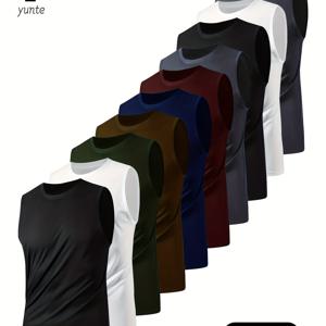 TEMU 10개 남성용 민소매 운동복 탑 - 통기성 좋고 가벼우며 빠르게 건조되는 크루 넥 탱크탑, 체육관, 러닝 및 운동용 - 루즈핏, 단색(검정, 흰색, 육군 녹색, 카키, 네이비, 빨강, 회색) - 봄/여름/가을에 적합한 체육관 의류