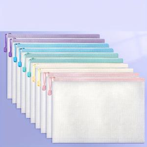 TEMU 10개 A4 지퍼 문서 가방, 종이류, 책 및 시험용 투명 방수 보관 파우치, 연한 색상(핑크, 블루, 그린, 옐로우, 퍼플), 학교, 사무실 및 교실 정리에 이상적, 사무용품 및 학용품
