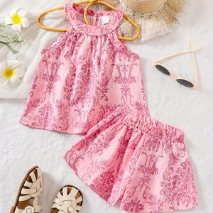 TEMU 매력적인 여아용 여름 홀터넥 세트 - 생기 넘치는 핑크색 민소매, 가벼운 폴리에스터, 세탁기 사용 가능, 휴가 및 야외 활동에 완벽|나시티