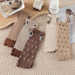 TEMU 여성용 중간 길이 다섯 발가락 양말 5켤레, 여름 여성용 귀여운 만화 캐릭터 스포츠 양말, 핑크와 갈색 강아지 동물 디자인