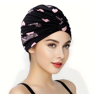 TEMU 여성용 긴 머리 수영 모자 - 흰색 도트와 핑크 하트 디자인, 통기성 니트 원단, 편안한 착용감, 해변 및 수영장 활동용, 캐주얼 아웃도어, 텍스처드 패브릭