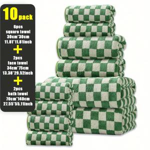 TEMU 10개 세트 6개 30*30cm+2개 34*75cm+2개 70*140cm 창의적인 체커보드 패턴 샴푸 및 건조한 머리 타월, 손 타월, 2개 타월, 2개 목욕 랩 및 6개 사각 타월, 애완 동물 타월, 자동차 세척 타월
