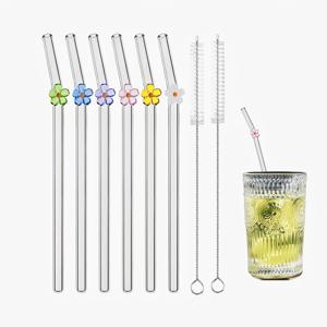 TEMU 4/6개 재사용 유리 빨대 세트, 2개의 청소 브러쉬 포함, 1개의 청소 브러쉬가 있는 4개 재사용 유리 빨대, 귀여운 컬러풀 꽃무늬 내구성 강한 유리 빨대, 스무디·밀크쉐이크·주스·차용, 식기세척기 안전, 주방용, 크리스마스 선물