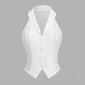 TEMU 여성용 여름 민소매 텍스처 칼라 블라우스 - 우아한 화이트 솔리드 컬러 프론트 버튼 플래킷 탑, 캐주얼 및 정장용 세미시어 기계 세탁 가능, 섬세하게 단추 디자인