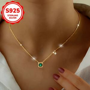 TEMU 여성용 패션 펜던트 목걸이 - 일본 스타일, 합성 지르코니아가 장식된 에메랄드 사각 펜던트, 2g S925 실버 칼라본 체인, 일상 착용 및 파티, 휴일, 어머니날, 발렌타인데이 & 축제 선물용|은목걸이