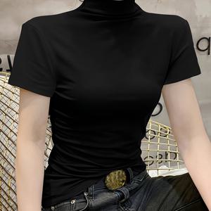 TEMU 여성의 세련된 블랙 니트 터틀넥 티셔츠 - 슬림핏, 짧은 소매, 편안한 여름 상의, 캐주얼한 세련된 스타일 | 슬리크 블랙 티 | 슬리크 텍스처|반팔티|반팔티셔츠|반팔셔츠