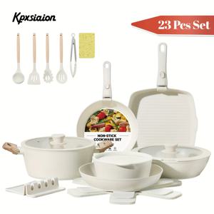 TEMU KPXSIAION 23피스 논스틱 세라믹 코팅 조리 기구 세트 (탈착식 손잡이 포함) - 인덕션 호환, 식기세척기 및 오븐 사용 가능, PFAS/PTFE/PFOA 무첨가, 크림 커킹 조리 기구 (RV, 캠핑, 가정용), 캠핑 조리 기구, 모던 주방용품, 인덕션용 냄비세트, 조리도구세트