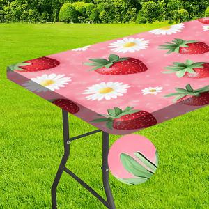 TEMU 야외용 화려한 딸기 꽃무늬 테이블보 1개 - 캠핑, 피크닉, 정원 파티용 내구성 있는 폴리에스터 탄력 가장자리 직사각형 테이블 커버 - 실내/외부 사용 가능, 피크닉 액세서리|캠핑테이블