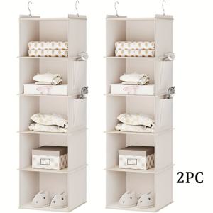 TEMU 2개 세트 레이어드 행잉 스토리지 정리함 - 5단 내구성 폴리에스터 옷장 정리대, 투명 선반 & 걸이 후크 포함 (매트 마감), 공간 절약형 다용도 멀티룸 오거나이저, 의류·신발·장난감 수납용, 매트 마감 옷걸이 정리함