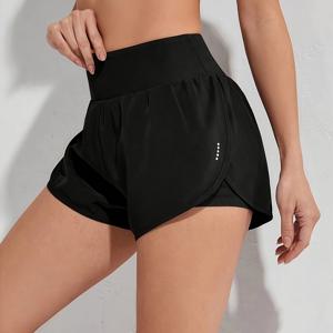 TEMU 여성용 하이웨이스트 요가 쇼츠 - 수분 흡수 통기성 운동 반바지, 탄력 있는 허리밴드 & 사이드 슬릿, 사계절 스트레치 피트니스 쇼츠, 요가, 체육관, 러닝용 - 솔리드 블랙 애슬레틱 액티브웨어, 고탄력 원단, 수분흡수 패브릭