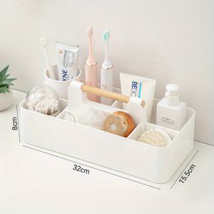 TEMU 핸들이 있는 세련된 4그리드 화장품 보관함 - 휴대용 플라스틱 보관함, 화장품, 문구 등 정리하기에 적합 - 기숙사, 가정, 교실에 이상적인 선택, 바구니, 상자, 용기와 함께 가정 정리를 위한 완벽한 선택입니다.