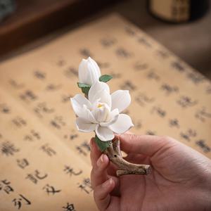 TEMU 수제 세라믹 연꽃 향로 - 집과 사무실을 위한 선 아로마 장식, 배터리 없는 탁상용 화이트 인공 꽃, 여름 영감의 고요한 분위기, 향 스틱 홀더