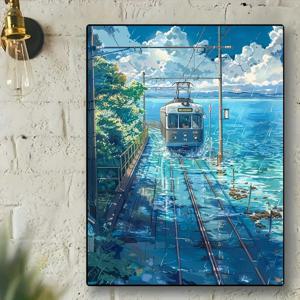 TEMU 1pc 11.8*15.7in DIY 5D 페인팅 키트 - 화려한 바다 열차 장면, 전체 드릴 라운드 아크릴 , 크로스 스티치 자수 아트 크래프트, 홈 벽 장식, 프레임리스, 바다 테마 장식|화려한 열차 디자인|아크릴 아트, 페인팅 액세서리