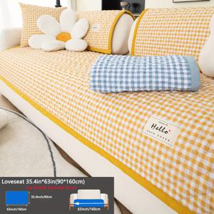 TEMU 1개 러스틱 일본 스타일 체크 자수 소파 커버 - 미끄럼 방지 애완동물 친화적 기계 세탁 가능, 노랑 & 흰색 격자 무늬에 파란 악센트, 봄 여름 가구 보호용 1-4인용 및 섹셔널 소파, 거실 침실 장식, 부드러운 질감 원단, 편안한 쿠션