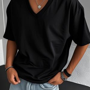 TEMU 1개 남성용 여름 V넥 티셔츠 - 가벼운 통기성 반팔 캐주얼 상의, 솔리드 컬러 블랙 레귤러 핏, 여름 티셔츠, 다재다능한 의류, 부드러운 소재