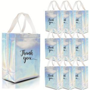 TEMU 10팩 홀로그래픽 감사 선물 가방 - 재사용 가능한 레이저 컷 무지개 빛깔 그라데이션 디자인, 베이비 샤워, 결혼식, 생일 및 기업 행사를 위한 8x4x10 인치 고품질 부직포 백에 흰색 손잡이