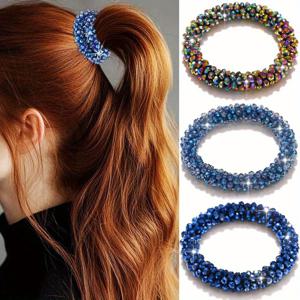 TEMU 블루 비즈 스팽글 크리스탈이 달린 라인스톤 헤어 타이 3개 세트 - 여성용 내구성 있는 스트레치 스크런치, 캐주얼 및 포멀 헤어스타일링 액세서리, 다용도 헤어 스타일링 장식