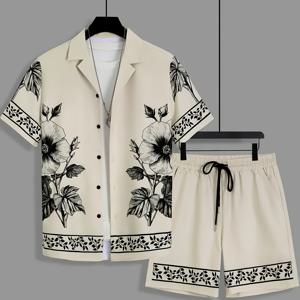 TEMU 남성용 두 세트 여름 프린트 반팔 셔츠 + 드로스트링 스포츠 반바지 세트 캐주얼 하와이 휴가 스포츠 의류에 적합합니다.