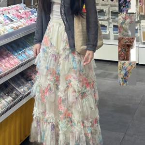 TEMU 멜란지 브라운 플로럴 메쉬 케이크 스커트, 신상 가을-겨울 프렌치 스타일 우아한 A라인 루즈 플레어 롱 우산 스커트, 데일리웨어 및 파티용