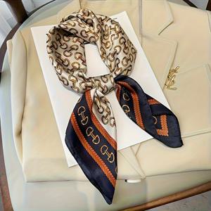 TEMU 우아한 여성용 스카프 - 녹색과 금색 체인 프린트, 가벼운 폴리에스터 목 액세서리, 전문가 또는 캐주얼 의상에 완벽, 통기성 및 디자인, 전문 목장 | 스타일리시한 목장 | 가벼운 원단, 스카프