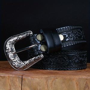 TEMU 서부 벨트 - 황소 머리 버클, 플로럴 엠보싱 디자인, 청바지 및 캐주얼 웨어용, 내구성 있는 정품 가죽 & 합금 버클, 야외 활동을 위한 스포티한 스타일