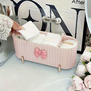 TEMU 1개 3구 화장품 보관함, 귀여운 핑크 리본 보관 상자, 대용량 투명 메이크업 뷰티 에그 보관 상자 (뚜껑 포함), 욕실, 화장대, 면봉 및 스펀지 장식에 적합, 생일 선물 크리스마스 선물|화장대|화장품정리함