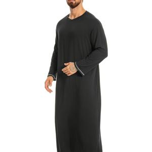 TEMU 남성용 소프트 레이온 긴팔 가운 - 대조 줄무늬와 라운드 넥 & 사이드 슬릿, 봄/여름/가을용 캐주얼 라운지 & 잠옷, 편안한 나이트웨어|여름잠옷