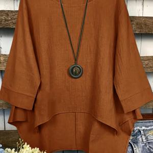 TEMU 여성용 우아한 솔리드 컬러 라운드 넥 비대칭 밑단 블라우스 - 올리브 그린 루즈핏 반팔 셔츠, 봄 여름 가을 캐주얼 & 정장용, 스타일리시 넥라인, 질감 있는 소재, 신축성이 없는 원단