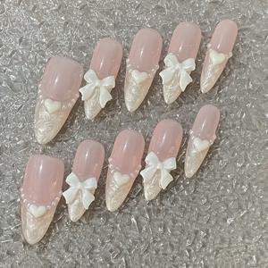 TEMU 10개입 긴 물방울형 광택 천연 네일 스티커, 밝은 하얀 하트 나비 리본 디자인, 정교하고 귀여운, 강력 추천, 내구성 높은 고품질, 네일 파일 및 젤리 글루 포함