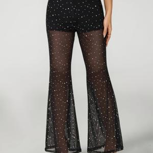 TEMU 여성용 하이웨이스트 플레어 벨 바텀 - 블랙 메쉬 스트레치 캐주얼 팬츠, 신축성 있는 허리밴드, 편안한 여름 바지, 캐주얼한 의상에 적합한 하이웨이스트 레깅스