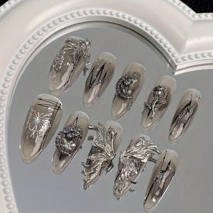 TEMU 1개/10개 녹는 은색 나비 고급 스위트 쿨 핫 Y2g 네일 액체 메탈 그라데이션 사이버펑크 다크 착용 가능한 네일 모양 조각