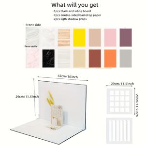 TEMU 10pcs 사진 배경 세트, 16가지 독특한 패턴 - 7개의 더블 사이드 14패턴 배경 종이 사진 속성 (16X11.5인치), 2개의 11*11인치 커튼 패널 - 음식, 보석 및 미니어처 아이템에 적합 + 다용도 속성