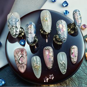 TEMU 10개 수제 인조 네일 세트, 아몬드 모양, 중간 길이, 블루 & 핑크 스타와 달 패턴 광택 마감, 여성용 데일리 매니큐어 키트