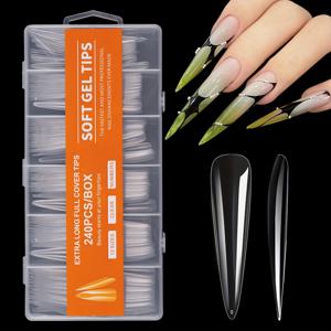 TEMU 240pcs 추가 긴 부드러운 젤 네일 팁 - 검은색, 흰색 및 녹색의 투명한 풀 커버 네일, 쉽게 적용 및 제거, DIY 네일 아트, 네일 아트 액세서리에 완벽합니다.