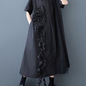 TEMU 여성용 캐주얼 A라인 미디 드레스, 유니크 메쉬 패널 디자인, 짧은 소매 및 비대칭 밑단 - 블랙 & 화이트 투톤, 루즈핏, 세탁기 사용 가능, 일상 패션, 대비된 컬러 컨트라스트, 비투명 원단