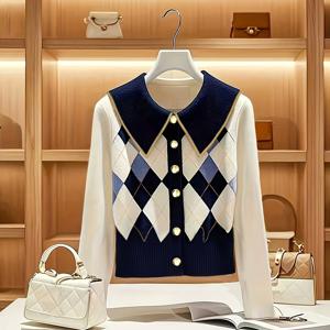 TEMU 여성용 블루 & 화이트 체크 카디건 - 캐주얼 롱 슬리브 버튼업 러플 칼라, 봄 & 가을에 완벽한 스타일리시 레이어링 피스, 캐주얼 웨어 카디건 | 러플 칼라 카디건 | 버튼업 카디건