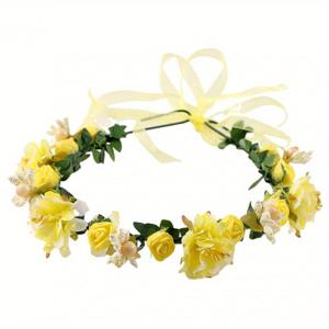 TEMU 우아한 신부 꽃 왕관 헤드밴드 - 분홍색과 흰색 장미 잎 디자인, 녹색 잎, 폴리에스터와 스판덱스, 전원 필요 없음, 결혼식과 정장 행사에 완벽함