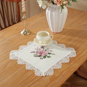 TEMU 1개 폴리에스터 및 리넨 꽃무늬 크로스 스티치 자수 레이스 트림, 화이트 또는 카키 색상 선택 가능 - 홈 키친 테이블 장식, 침대 옆 탁자, 신발장, 휴일 파티 결혼 선물, 야외 피크닉 장식용 데이