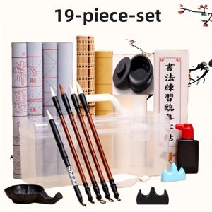 TEMU 19피스 세트, 수필용 붓 캘리그라피 연습용 완벽한 어른 전문가 학습실 사보(사재) - 물글씨 천, 펜, 잉크, 종이, 잉크석 보관함 포함|캘리그라피