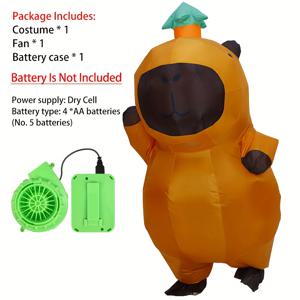 TEMU 캥피바라 인플레이블 코스튬 - 귀여운 둥근 회색 폴리에스터 코스튬, 녹색 후디, USB-Powered, 할로윈, 카니발, 파티용 - 팬 및 배터리 박스 포함 (배터리 미포함), 캥피바라 액세서리, 배터리 없음