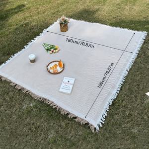 TEMU 세탁기 사용 가능 초대형 71*71인치 피크닉 담요, 태슬 장식 직조 야외 매트, 두꺼운 찢김 방지 피크닉 매트/침대 커버/소파 타월/다용도 행잉 담요, 스타일리시한 화이트 체크 디자인, 가정, 캠핑 및 해변 사용에 적합, 야외 담요, 담요, 피크닉 담요, 여름 담요, 레크리에이션 시트, 그랜드 시트, 해변 타월, 해변 액세서리, 피크닉 액세서리