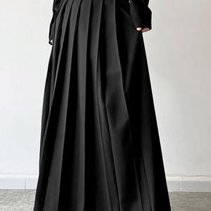 TEMU 남성용 하이웨이스트 고딕 하카마 스커트 - 솔리드 블랙, 롱 빈티지 파티 스커트, 루즈핏, 주름 디테일, 세탁기 사용 가능(벨트 미포함), 정장 착용, 캐주얼 스트리트웨어, 구조적 디자인, 비신축 원단